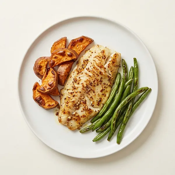 Garlic Dijon Roasted Fish with Sweet Potato and Green Beans